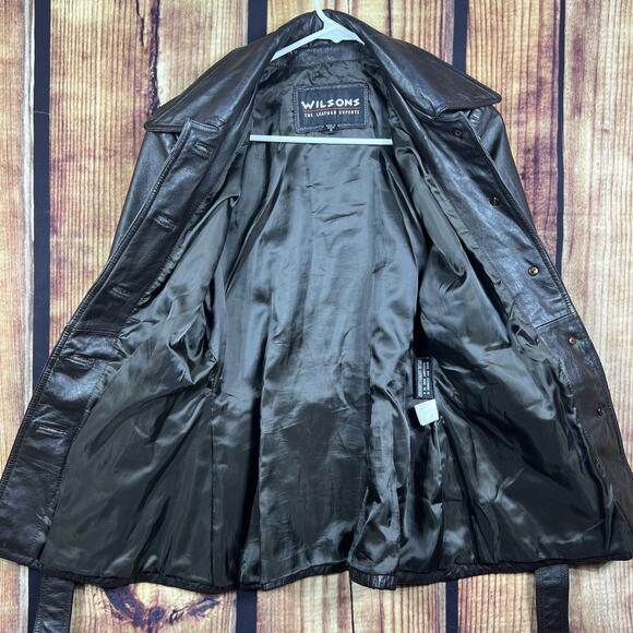 Wilsons Leather Womens S Brown Genuine Leather Belted Trench Coat Y2K Mid Length - Picture 5 of 11